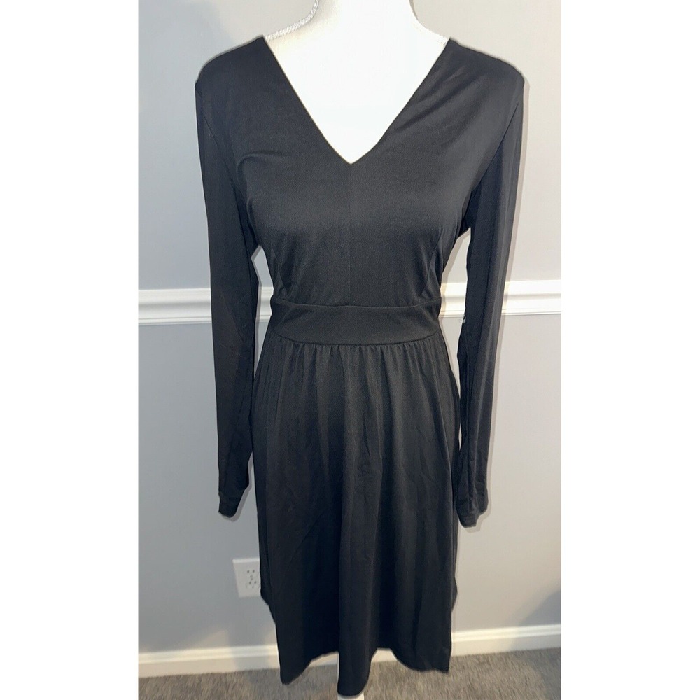 New Ultranice‎ Dress Womens Size L A Line Long Sleeve V Neck Midi Black Stretch